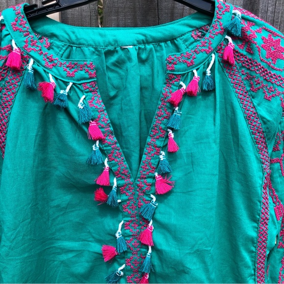 🛍️ Bohemian Green Lantern Sleeve Embroidered Tassels Tunic Dress M - Picture 4 of 10